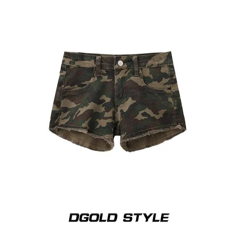 Camouflage breasted denim shorts for women in summer small hottie low waist straight pants retro tight casual hot pants