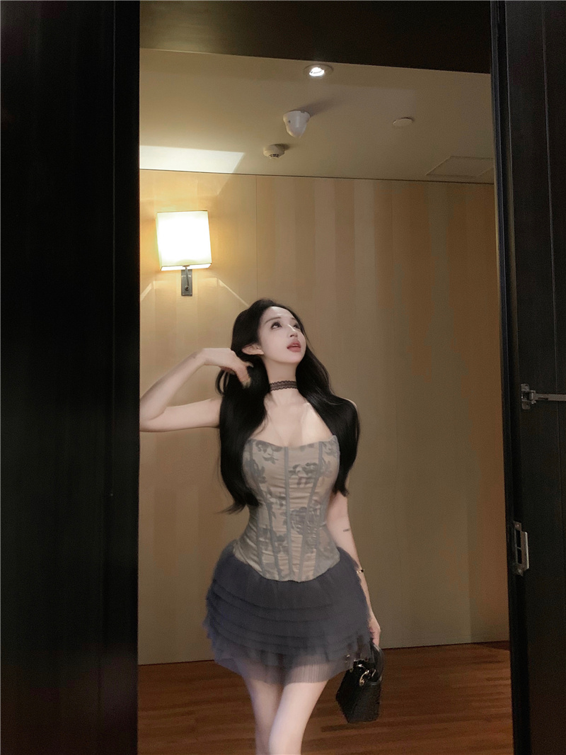 實拍 芭蕾風套裝女抹胸魚骨胸衣上衣蓬蓬裙