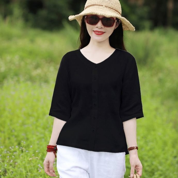 Cotton and linen short-sleeved loose large-size tops for women's summer thin style fashionable summer clothes mother pure cotton shirt middle-aged