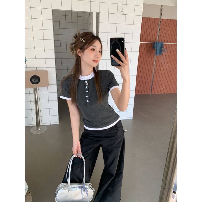 Real photo of American retro short-sleeved women contrasting color splicing abg hot girl summer slim slim t-shirt short top
