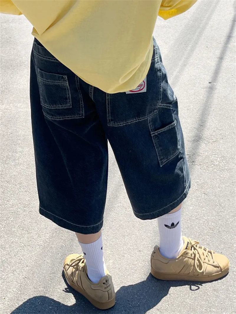 Retro American summer street pocket washing denim slim casual loose mid-length cropped pants