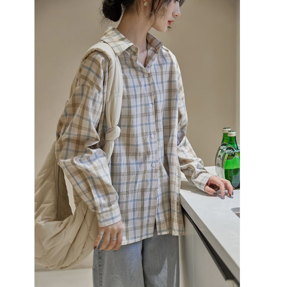 Real shot 2025 new Korean warm color checked long-sleeved shirt for women, chic can be worn inside, can be worn alone shirt