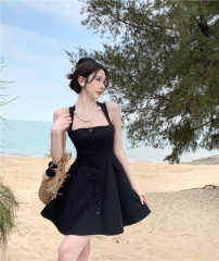 實拍~ 甜辣風夏新款無袖收腰顯瘦方領吊帶連衣裙赫本裙