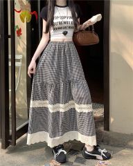 Real shot of skirt elastic high waist versatile retro plaid A-line skirt lace spliced ​​midi skirt