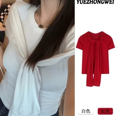 夏季辣妹風披肩假兩件圓領正肩短袖T恤女設計感綁帶上衣