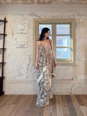 Boho style printed contrasting beaded V-neck long skirt female loose suspender dress