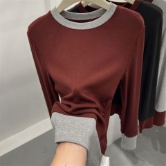 2025 New Split-Front Crepe Color Block Contrast Two-Piece Long-Sleeve T-Shirt for Women - Spring Season