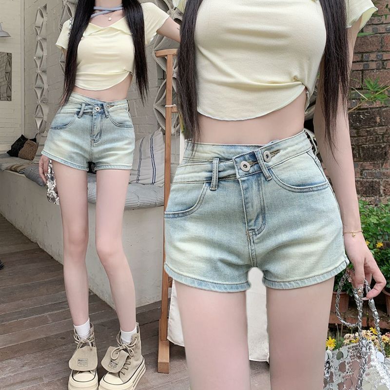 Washed old denim shorts for women in summer hot girls tight hip hot pants irregular high waist slimming straight pants
