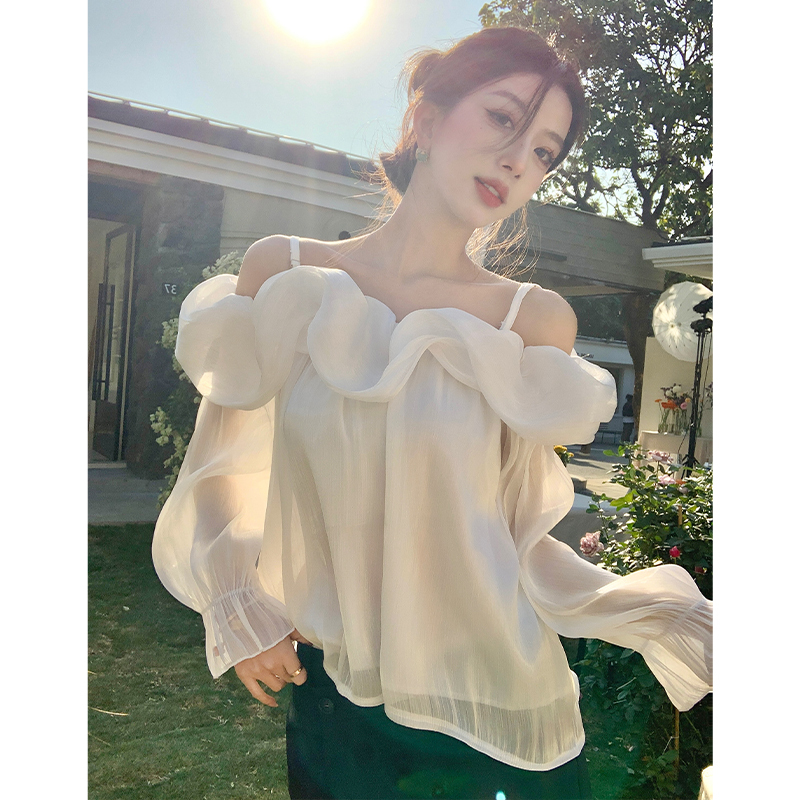 One-shoulder super fairy ruffle shirt for women 2025 spring and summer new French beautiful high-end off-shoulder top