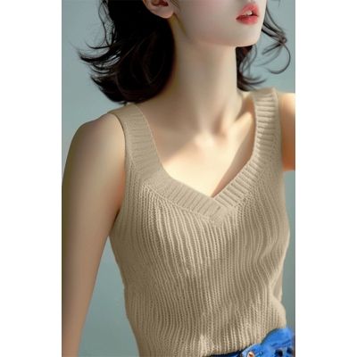 Unique summer sweet hot girl v-neck solid color knitted vest women's design sense of niche pamine sleeveless top
