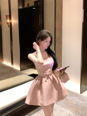 實拍~  法式連衣裙女2025春季新款方領吊帶裙禮服裙生日裙子