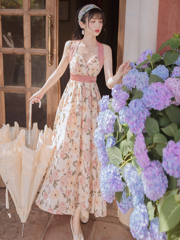 French retro printed long skirt v-neck halter neck floral dress