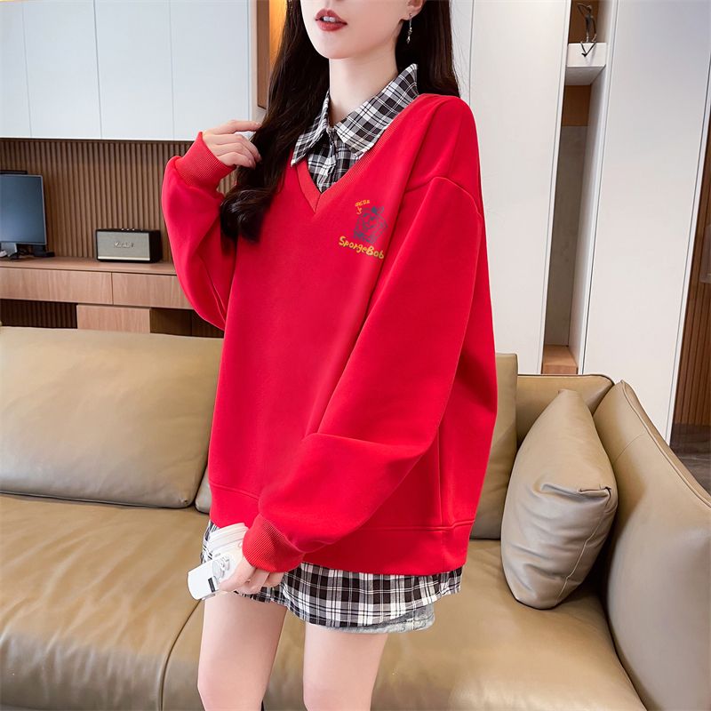 實拍 2025年新款後包領斜紋 上衣薄款POLO領衛衣女卡通長袖外套