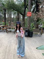 Real shot!  Strap-breasted lace-wrapped top for women's cat whiskers ripped loose wide-leg trousers jeans