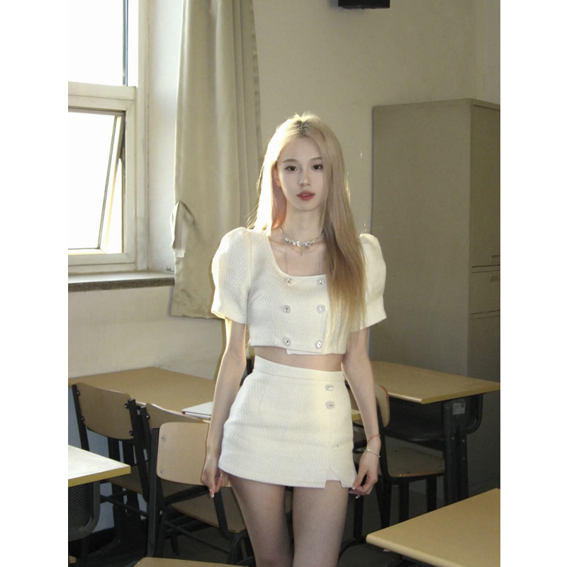 2025 summer new style hot girl design short navel top for women + high waist skirt two-piece set