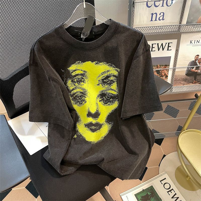 230g pure cotton collar, spring and summer American retro loose large size top printed washing and old short-sleeved T-shirt
