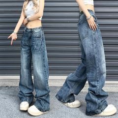 American high street washing lightning crack jeans women's trendy brand straight loose loose slimming wide-leg pendant feel floor-moving trousers