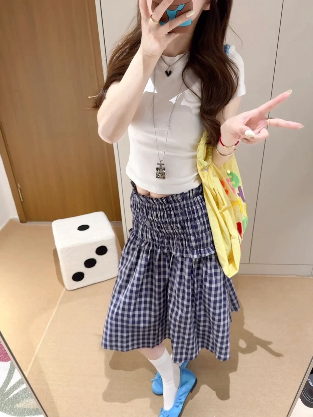 Original fabric #blue plaid skirt two-wear for women summer French strapless vest skirt A-line umbrella skirt