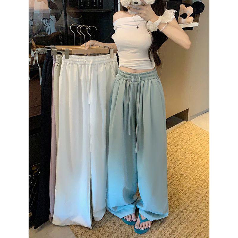 Real shot!  2025 new loose and tight waist drawstring slimming wide-leg pants solid color casual pants for women