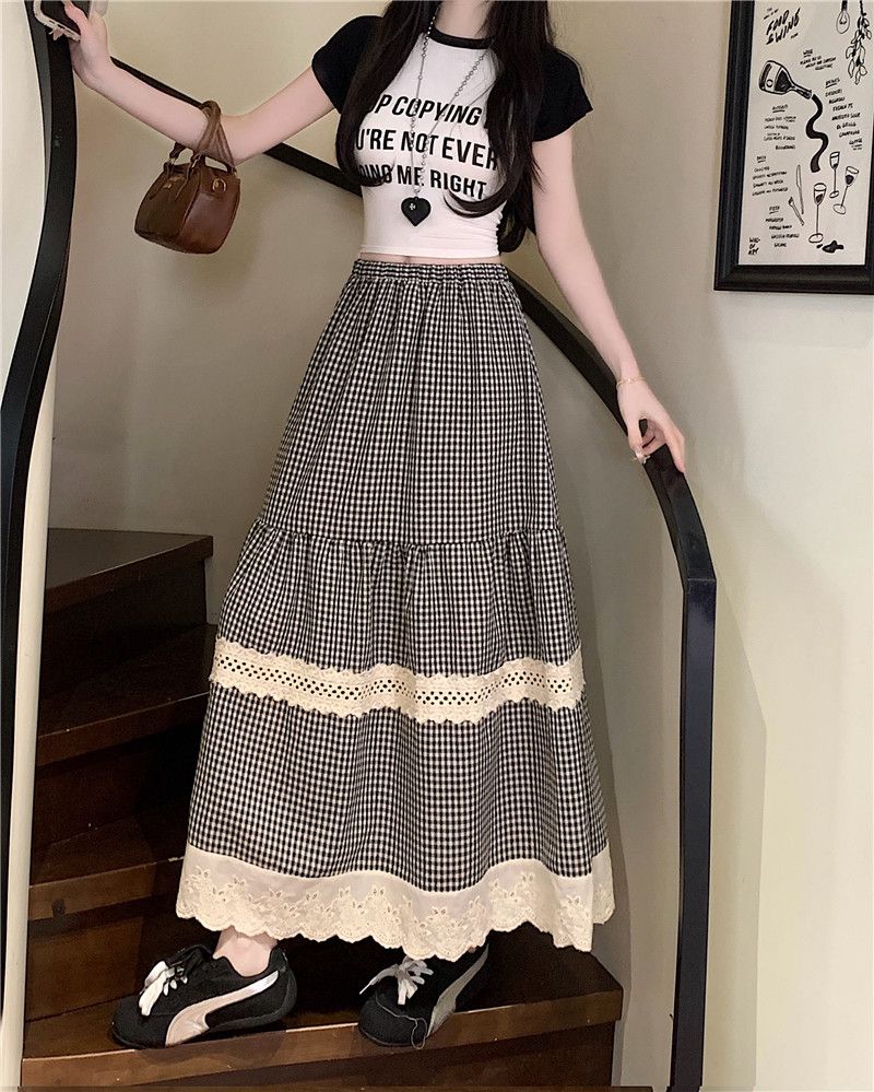 Real shot, large lace splicing plaid cake skirt, high waist slimming skirt, A-line skirt