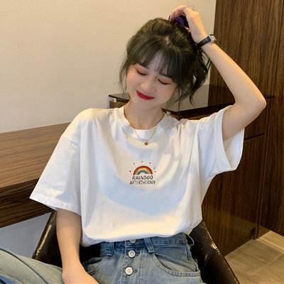 Foreign trade summer new Korean version of rainbow printed T-shirt for women round neck short sleeve loose half sleeve white top for women