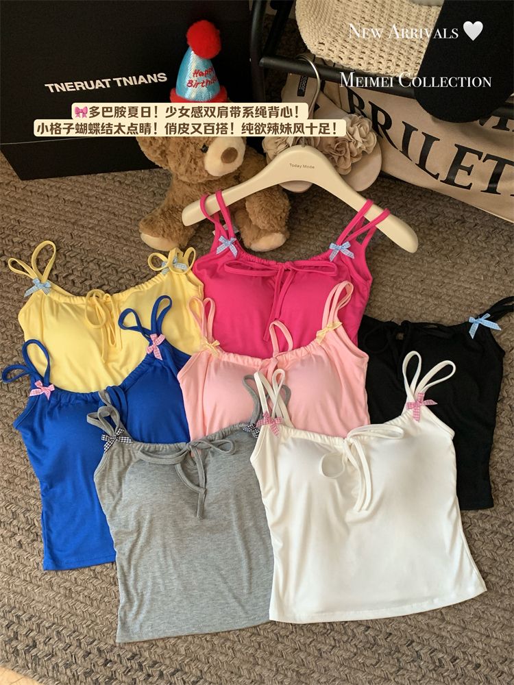Real shot!  Summer sweet bow shoulder strap drawstring with chest pad pure vest suspender strap