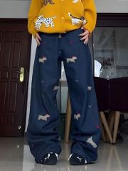 Spring and summer American retro embroidered patch puppy wide-leg jeans for women with high waist loose draping straight-leg casual pants