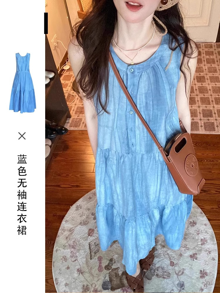 藍色無袖吊帶連衣裙子女裝2025新款夏季法式氣質海邊度假背心長裙