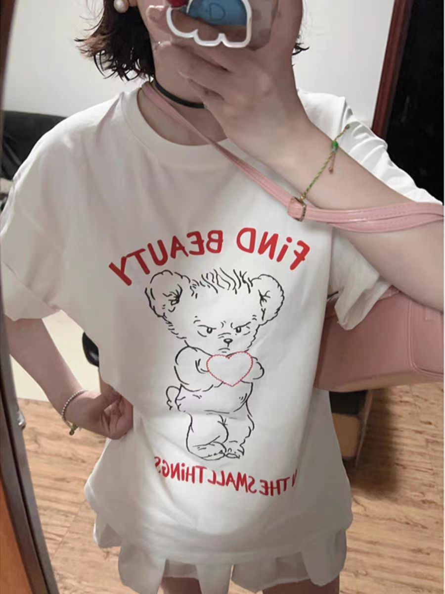 200g combed and tight-fitting sprinkler, pure cotton backpack, spring and summer loose shoulder printed short-sleeved T-shirt