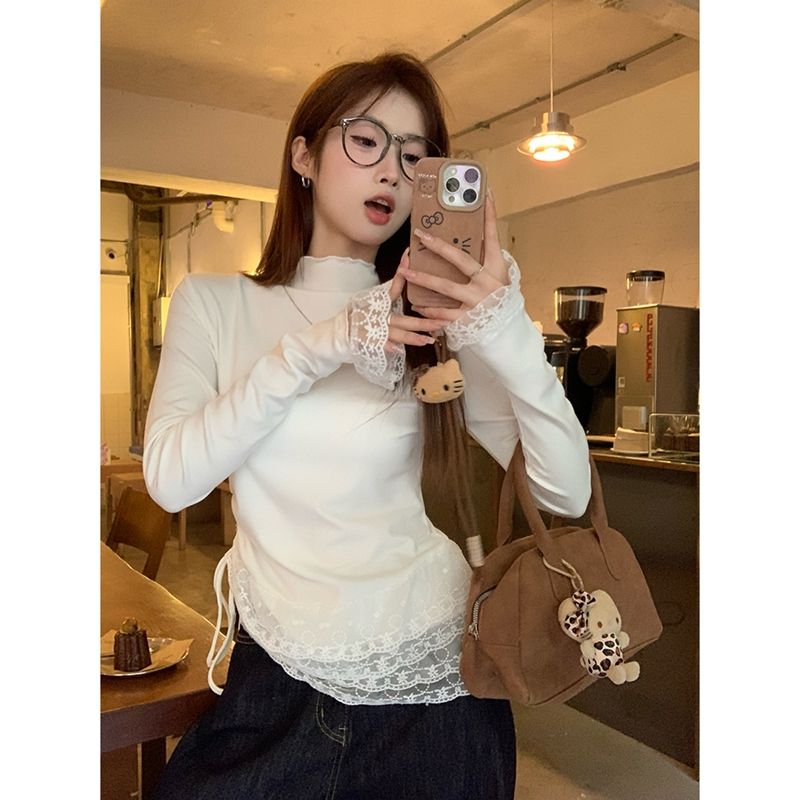 Lace spliced ​​drawstring long-sleeved T-shirt for women in 2025 spring new style design and slim inner top