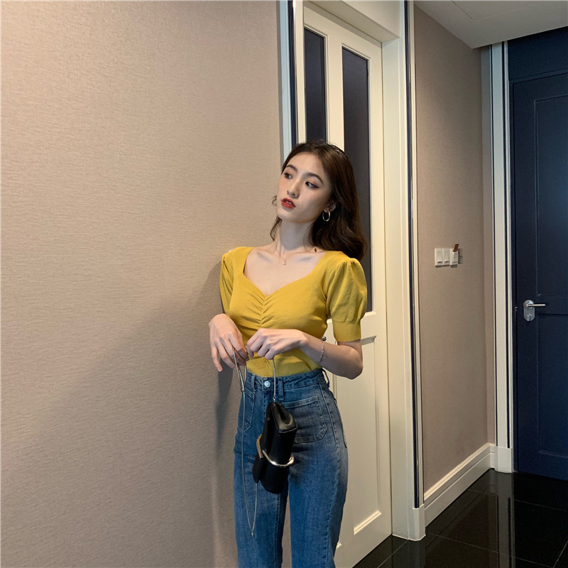 Real shot of retro V-neck puff sleeve base knit sweater