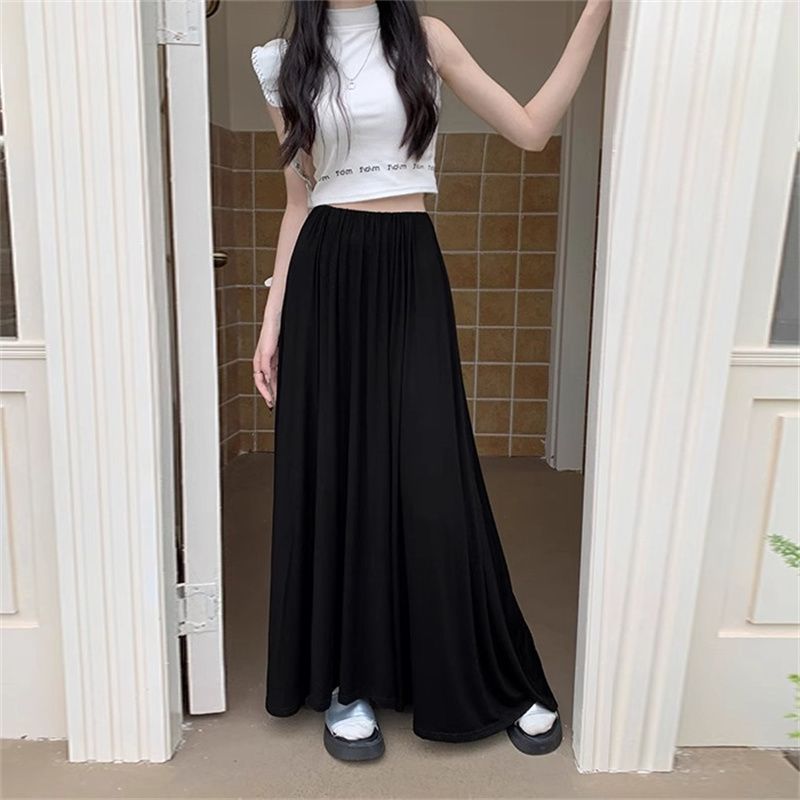 Large skirt with half-length skirt spring and summer high waist A-line skirt tall casual elastic waist long floor skirt