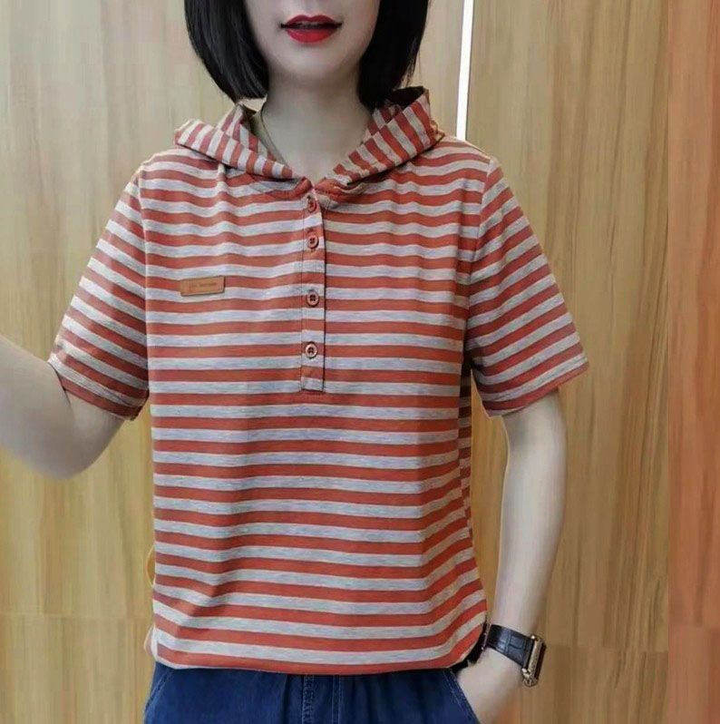 Short-sleeved striped T-shirt women's top 2025 new Korean style loose hooded casual body mat