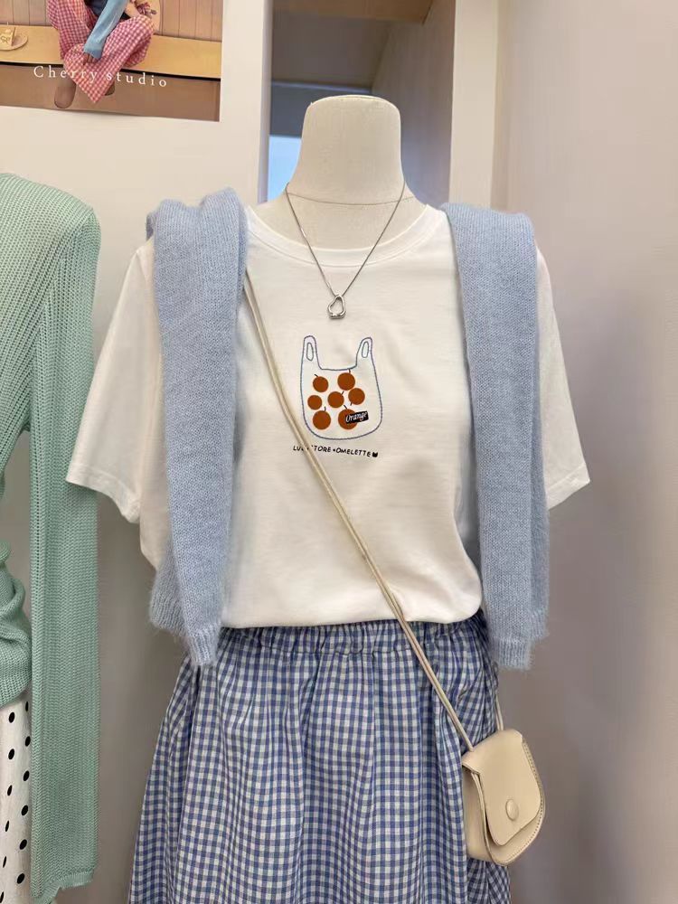 200g combed and tight-fitting sprinkler, pure cotton backpack, spring and summer loose shoulder printed short-sleeved T-shirt