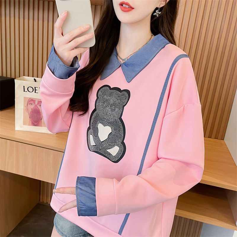 3216#Real photo of fashionable bear print fake two-piece denim splicing loose sweatshirt for women