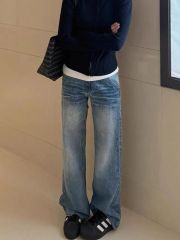 American retro high street washing jeans for women in spring new wide-leg loose versatile straight slim floor-slim pants