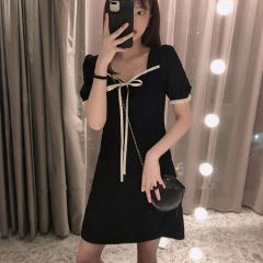 Summer internet celebrity splicing bow lace waist-hugging slim dress niche puff sleeve short skirt