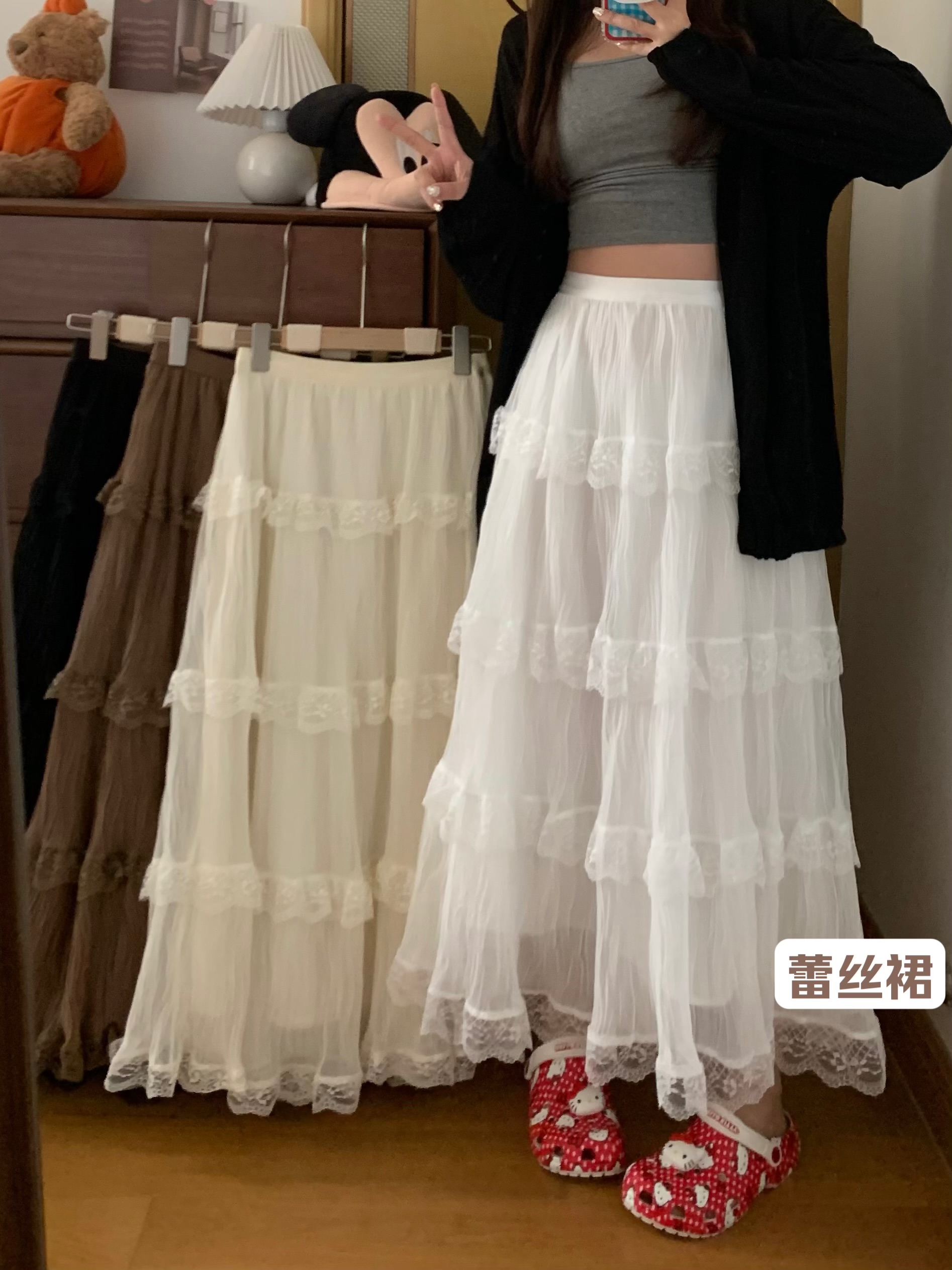 Real-life spring and summer new mesh lace splicing fairy cake skirt versatile large skirt mid-length skirt