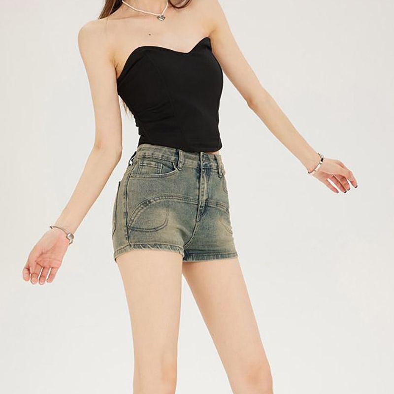 Personalized design sense denim shorts for women in spring and summer new high-waisted high-slim simple A-line ins denim hot pants