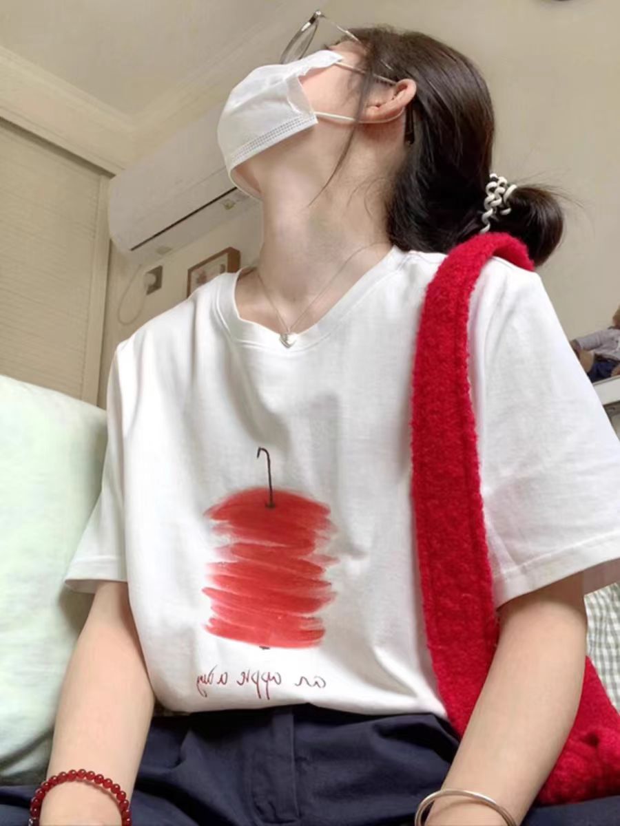 200g combed and tight-fitting sprinkler, pure cotton backpack, spring and summer loose shoulder printed short-sleeved T-shirt