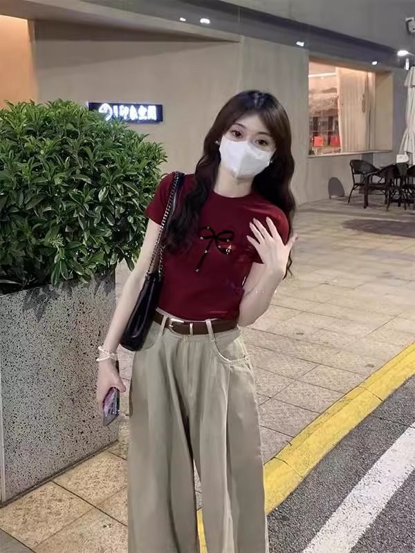 2025 printed front shoulder short-sleeved T-shirt for women in summer new niche American pure cotton slim T-shirt top