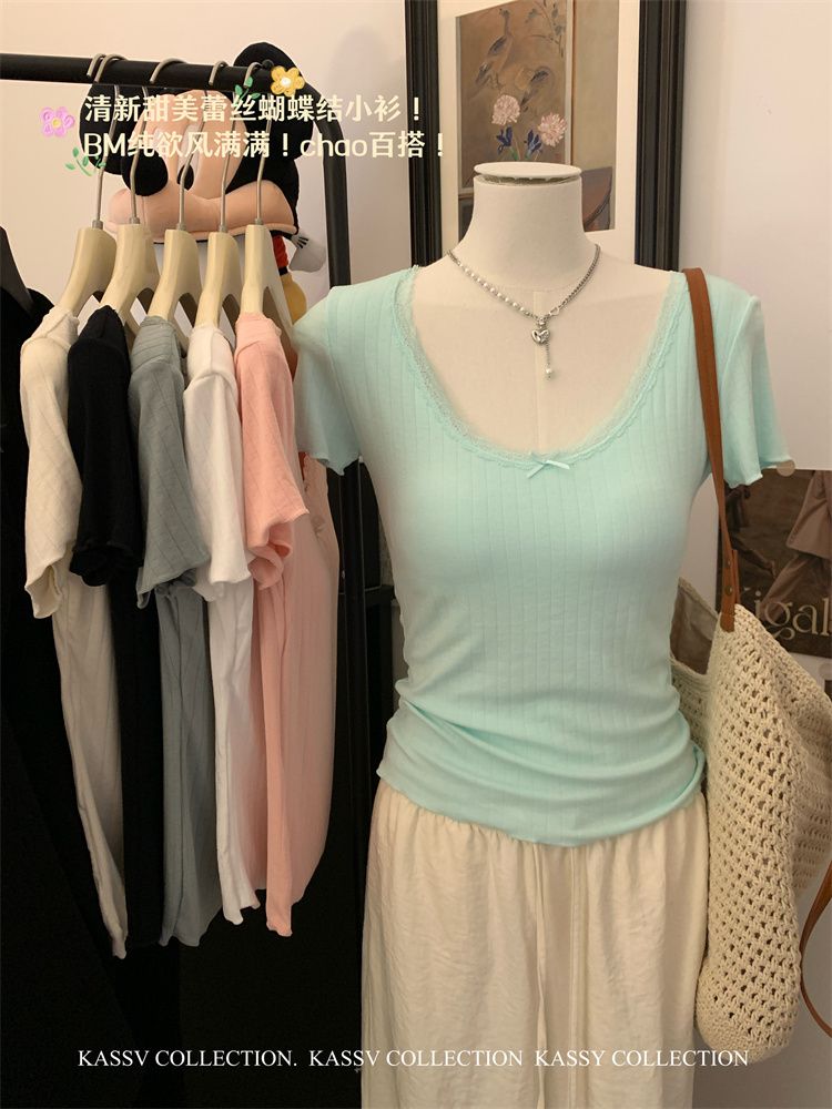 Real shot of 25 years of sexy lace lace bow short-sleeved T-shirt with chest pad slim hot girl top