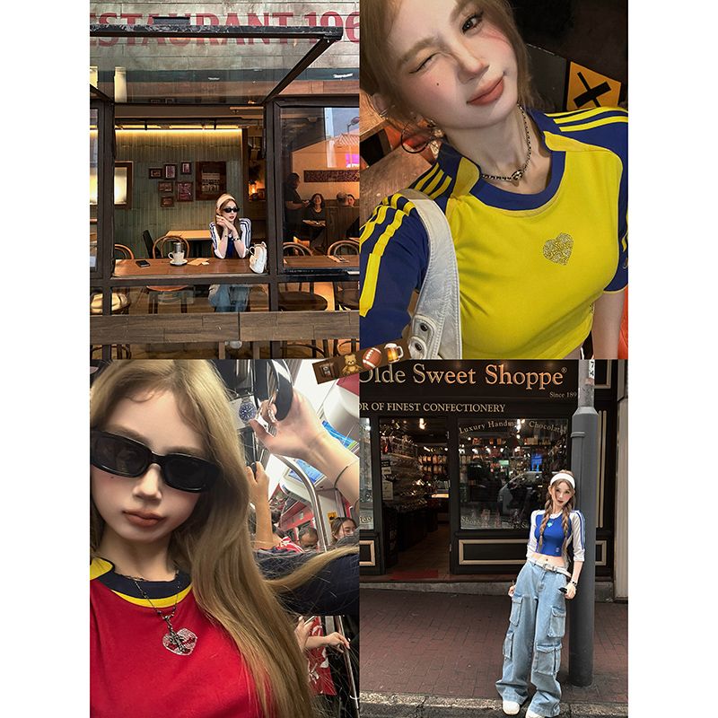 260g heavy industrial hot diamond hot girl short-sleeved T-shirt for women American retro slim top