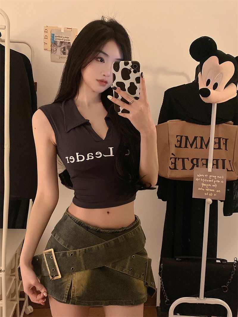 Real shot!  New summer hot girl polo collar suspender vest women's inner wear letter base top