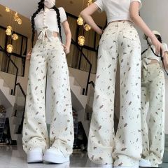 High-waisted beige bear printed jeans for women in spring and summer Korean style design niche straight wide-leg floor trousers