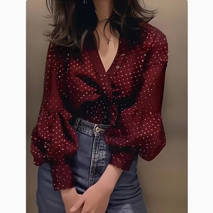 Burgundy Spring and Autumn New Women's Polka Dot V-neck Puff Sleeve Long Sleeve Shirt Niche Top Chiffon Lace