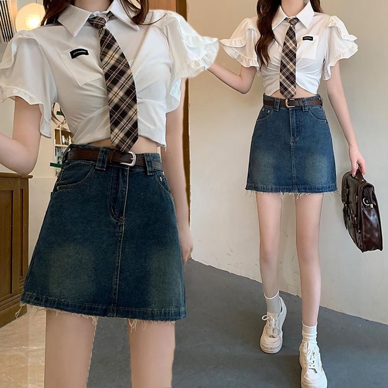 Retro Korean style fur-edged denim skirt for women in spring and summer loose pure style A-line Korean style ins hip denim skirt