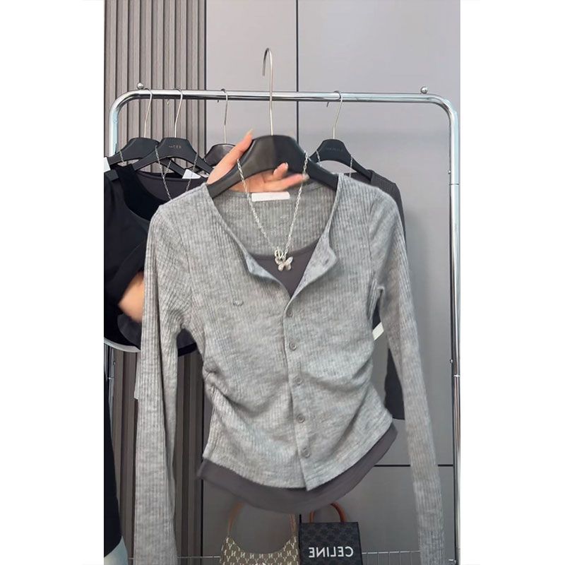 Original fabric casual retro long-sleeved T-shirt for women's new autumn two-piece front shoulder slim top