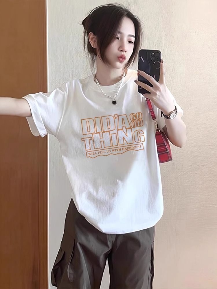 200g combed and tight-fitting sprinkler, pure cotton backpack, spring and summer loose shoulder printed short-sleeved T-shirt