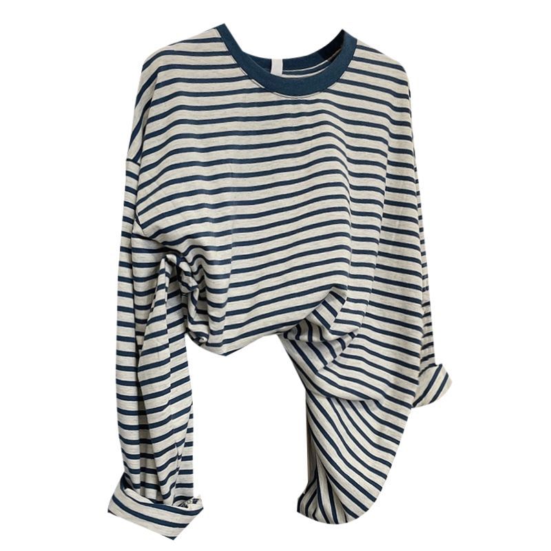 Contrast color pinstripe T-shirt 2025 spring and summer new retro loose round neck pullover long-sleeved sweatshirt design sense